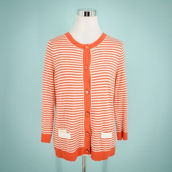 Talbots Size Large L Orange White Stripe Print Button 3/4 Sleeve Cotton Cardigan - Picture 1 of 5